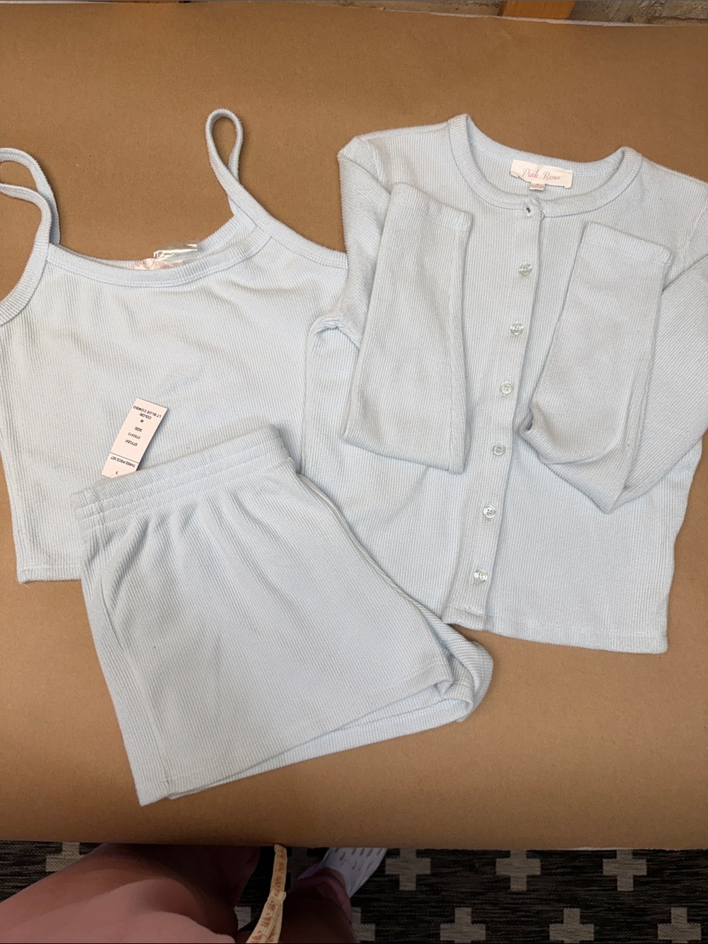 Pink Rose Pale Blue 3-Piece Ribbed Sleep Set — Tank, Shorts & Cardigan